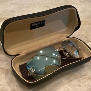 CHANEL Blue and Silver Crystal Sunglasses with Case